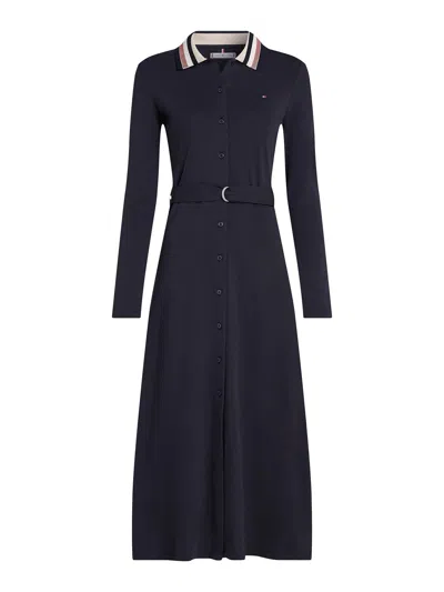 Tommy Hilfiger Belted Maxi Slim Polo Dress In Desert Sky