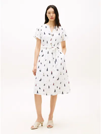 Tommy Hilfiger Belted Sailboat Print Crepe Dress In White