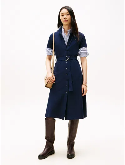 Tommy Hilfiger Belted Stretch Pique Polo Midi Dress In Blue