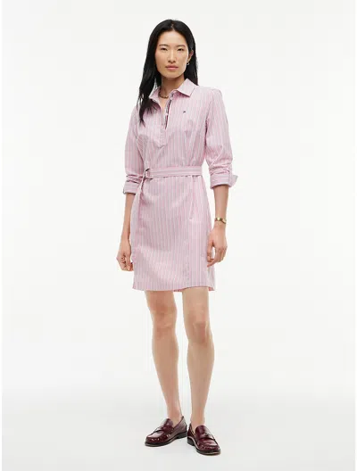 Tommy Hilfiger Belted Striped Oxford Shirtdress In Pink