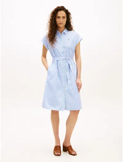 Tommy Hilfiger Belted Striped Poplin Shirtdress In Blue