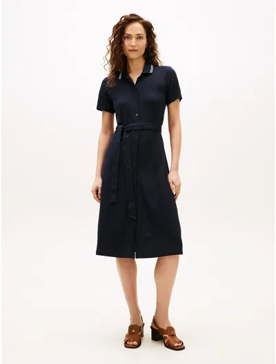 Tommy Hilfiger Belted Tipped Midi Polo Dress In Blue