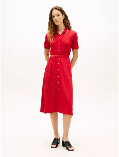 Tommy Hilfiger Belted Tipped Midi Polo Dress In Red