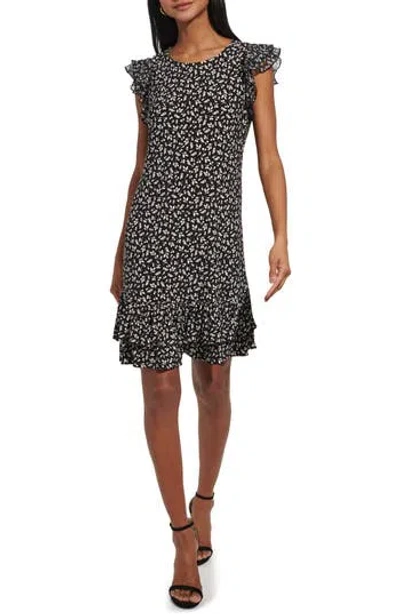 Tommy Hilfiger Betty Floral Flutter Sleeve Dress In Black/ivory