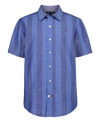 Tommy Hilfiger Kids' Big Boys Awning Stripe Short Sleeve Woven Shirt In Blue
