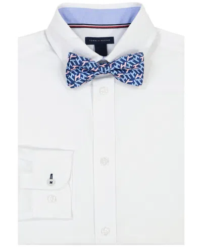 Tommy Hilfiger Kids' Big Boys Long Sleeve Stretch Solid Poplin Dress Shirt With Bow Tie In White