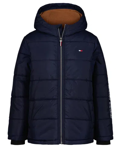 Tommy Hilfiger Kids' Big Boys Sleeve Logo Full Zip Puffer Jacket In Blue
