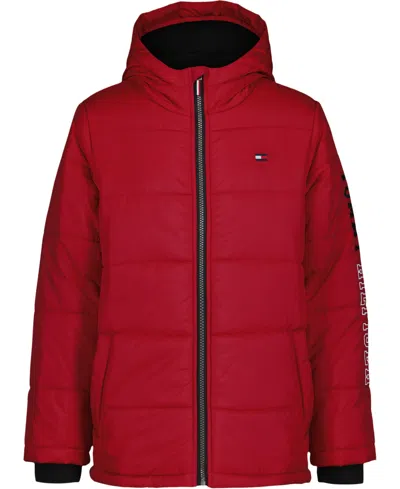 Tommy Hilfiger Kids' Big Boys Sleeve Logo Full Zip Puffer Jacket In Red