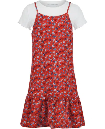 Tommy Hilfiger Kids' Big Girls 2-piece Crewneck T-shirt And Ditsy Print Dress Set In Red
