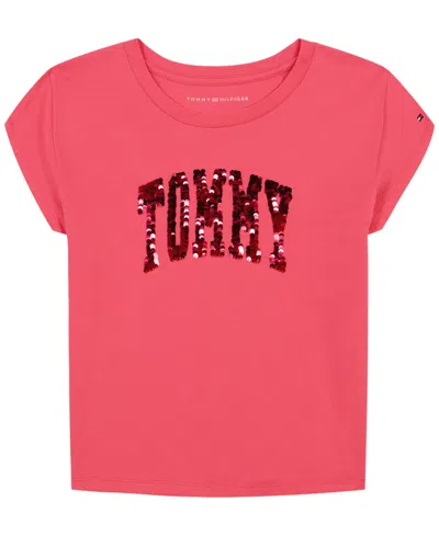 Tommy Hilfiger Kids' Big Girls Arch Flip-sequin Cotton Graphic T-shirt In Rouge Pink