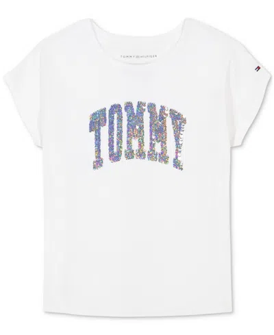 Tommy Hilfiger Kids' Big Girls Arch Flip-sequin Cotton Graphic T-shirt In White