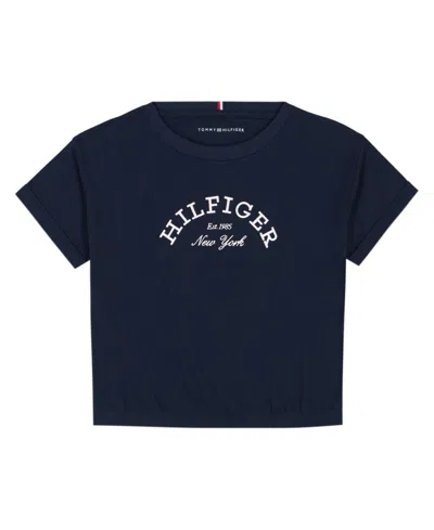 Tommy Hilfiger Kids' Big Girls Arched Hilfiger Short Sleeve Tee In Dark Blue