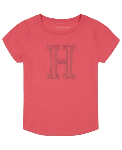Tommy Hilfiger Kids' Big Girls Big 'h' Glitter Short Sleeve T-shirt In Rouge Pink