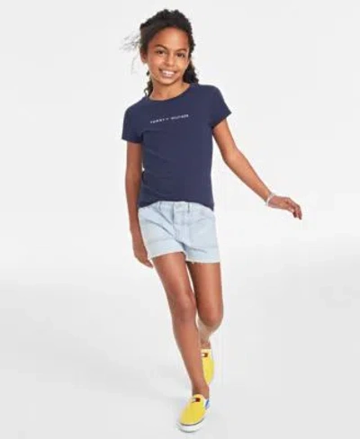 Tommy Hilfiger Kids' Big Girls Classic Embroidered T Shirt Stretch Frayed Hem Denim Shorts In Navy Blazer