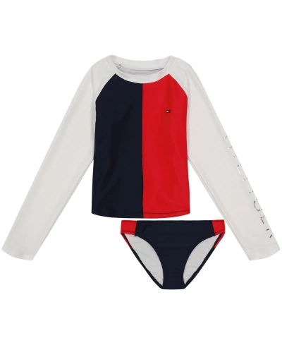 Tommy Hilfiger Kids' Big Girls Colorblock Flag Two Piece Swimsuit In Dark Blue