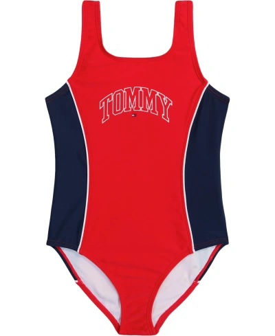 Tommy Hilfiger Kids' Big Girls Colorblock One Piece Swimsuit In Bright Red