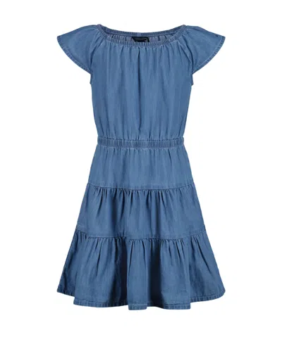 Tommy Hilfiger Kids' Big Girls Denim Tiered Flutter Sleeve Dress In Open Blue