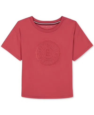 Tommy Hilfiger Kids' Big Girls Embroidered Crest Short-sleeve Boxy T-shirt In Holly Berry