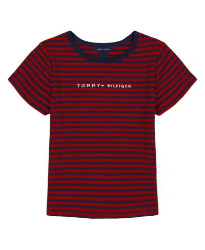 Tommy Hilfiger Kids' Big Girls Feeder Stripe Rib Short Sleeve T-shirt In Red