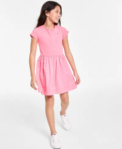 Tommy Hilfiger Kids' Big Girls Knit-to-woven Short-sleeve Dress In Strawberry Pink