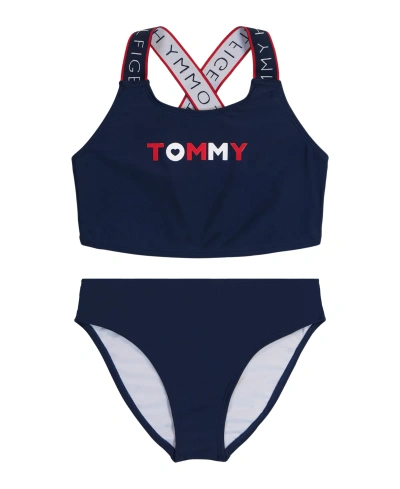 Tommy Hilfiger Kids' Big Girls Logo Strap Two Piece Swimsuit In Dark Blue