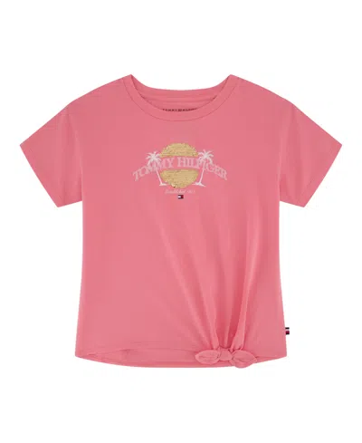 Tommy Hilfiger Kids' Big Girls Palm Sequin Side Tie Short Sleeve T-shirt In Bright Pink