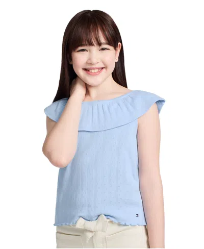 Tommy Hilfiger Kids' Big Girls Pointelle Ruffle Top In Windsurfer