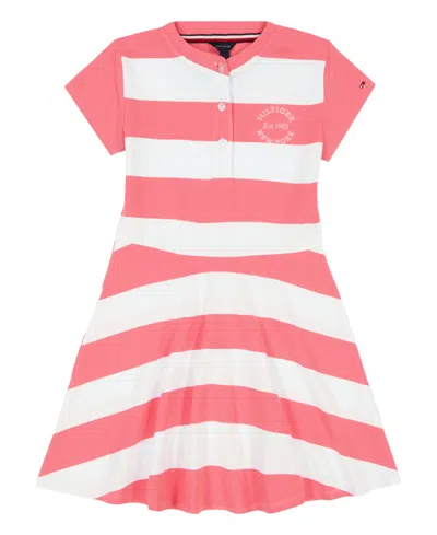 Tommy Hilfiger Kids' Big Girls Rugby Stripe Short Sleeve Dress In Bright Pink