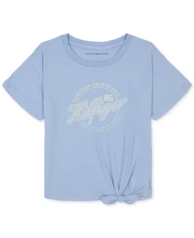 Tommy Hilfiger Kids' Big Girls Script Graphic Tie-front T-shirt In Placid Blu