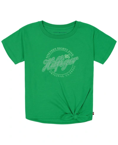 Tommy Hilfiger Kids' Big Girls Script Short Sleeve Tie Front T-shirt In Bright Green