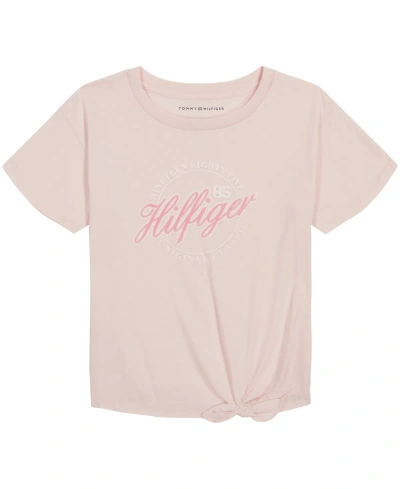 Tommy Hilfiger Kids' Big Girls Script Short Sleeve Tie Front T-shirt In Crystal Pink