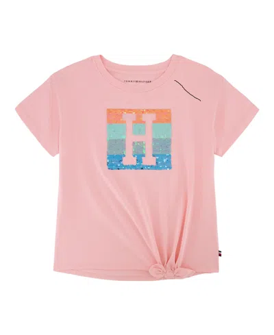 Tommy Hilfiger Kids' Big Girls Sequin Side Tie Short Sleeve T-shirt In Medium Pink