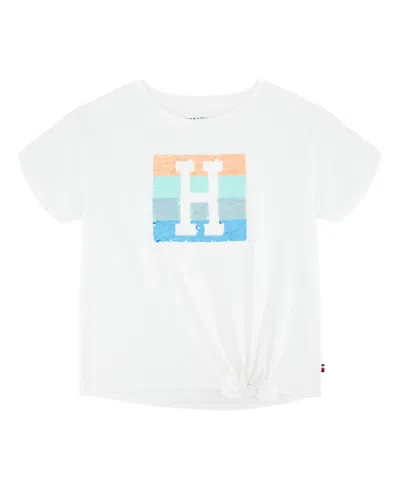 Tommy Hilfiger Kids' Big Girls Sequin Side Tie Short Sleeve T-shirt In White
