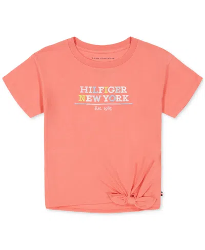 Tommy Hilfiger Kids' Big Girls Tie-front Logo Graphic T-shirt In Peach Dusk