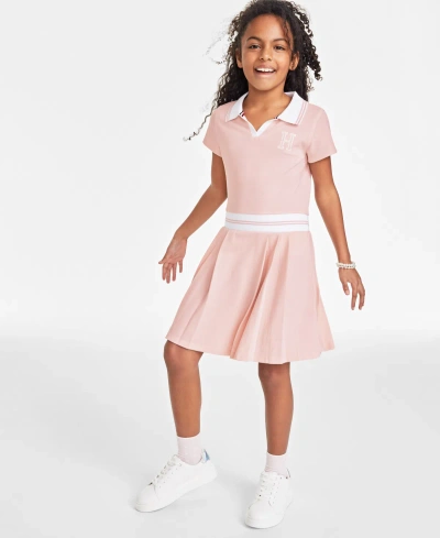 Tommy Hilfiger Kids' Big Girls Tipped Ribbed Short Sleeve Polo Dress In Crystal Pink