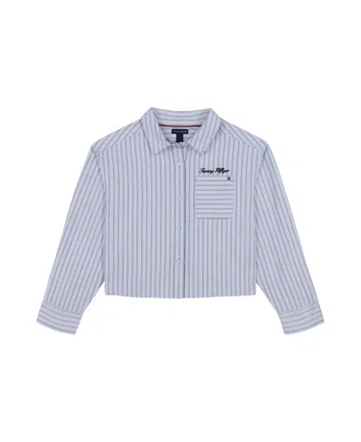 Tommy Hilfiger Kids' Big Girls Yarn Dye Stripe Boxy Long Sleeve Shirt In Blue