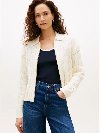 Tommy Hilfiger Boxy Fit Cable Knit Zip Cardigan In White