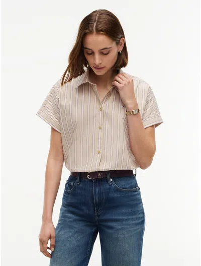 Tommy Hilfiger Boxy Fit Drawcord Striped Poplin Shirt In Neutral