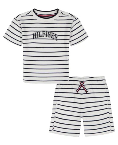 Tommy Hilfiger Kids' Boys' 2t-7 Striped French Terry T-shirt And Shorts, 2-piece Set In White