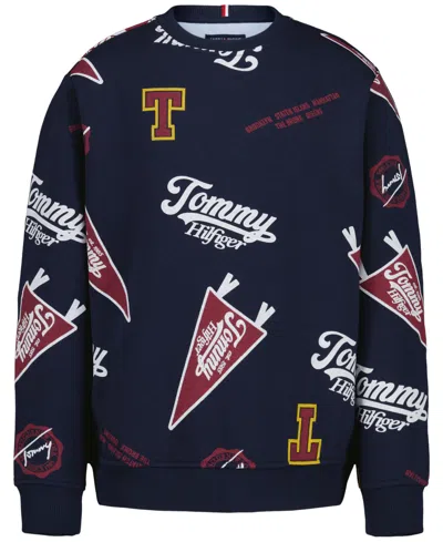 Tommy Hilfiger Kids' Boys' 4-20 Collegiate Allover Print Crew Relaxed-fit Sweatshirt In Blue