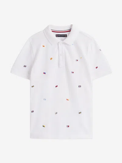 Tommy Hilfiger Kids'  Boys All Over Flag Embroidered Polo Shirt In White