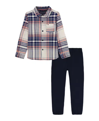 Tommy Hilfiger Babies' Boys Toddler 2t-4t 2-piece Chambray Trim Plaid Shirt And Prewashed Jogger Pants Set In Multi
