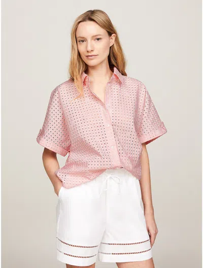 Tommy Hilfiger Broderie Anglaise Camp Shirt In Light Pink Allover Brodery