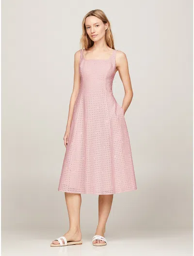 Tommy Hilfiger Broderie Anglaise Midi Dress In Light Pink Allover Brodery