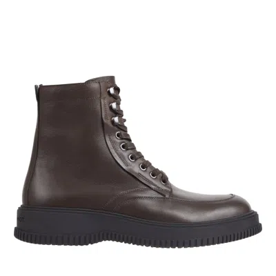Tommy Hilfiger Brown Leather Lace-up Side Zip Boots In Black