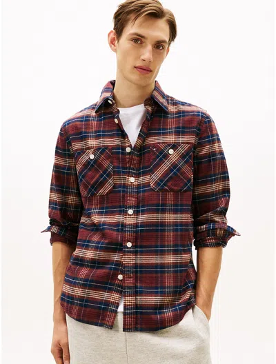Tommy Hilfiger Brushed Flannel Tartan Print Shirt In Burgundy
