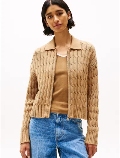 Tommy Hilfiger Cable Knit Boxy Zip Cardigan In Safari Canvas