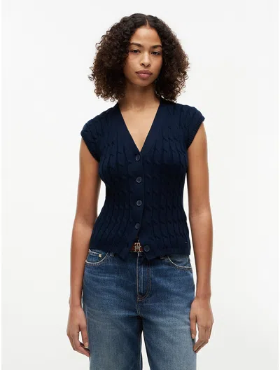 Tommy Hilfiger Cable Knit Cardigan Vest In Blue