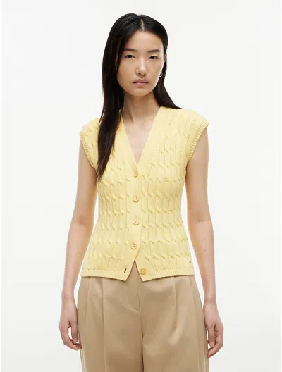 Tommy Hilfiger Cable Knit Cardigan Vest In Yellow