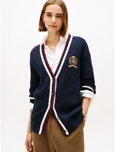 Tommy Hilfiger Cable Knit Crest Logo Varsity Cardigan In Blue